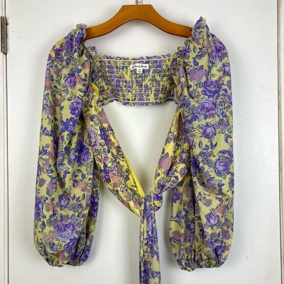 For Love & Lemons Maui Wrap Top Yellow Adjustable Floral Crop Top Blouse size XS - Picture 2 of 8